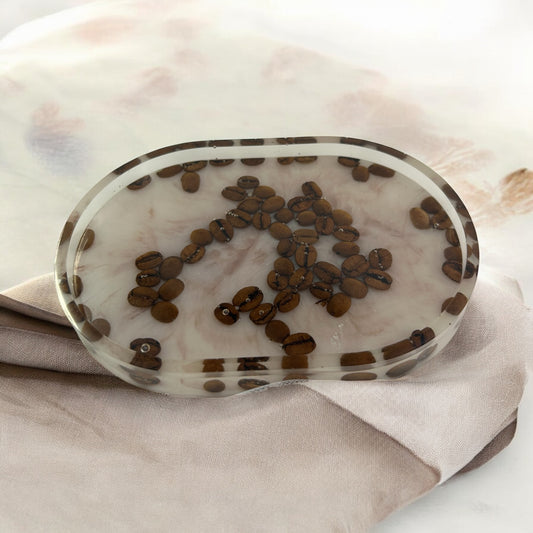 Oval tray for coffee gains in epoxy resin