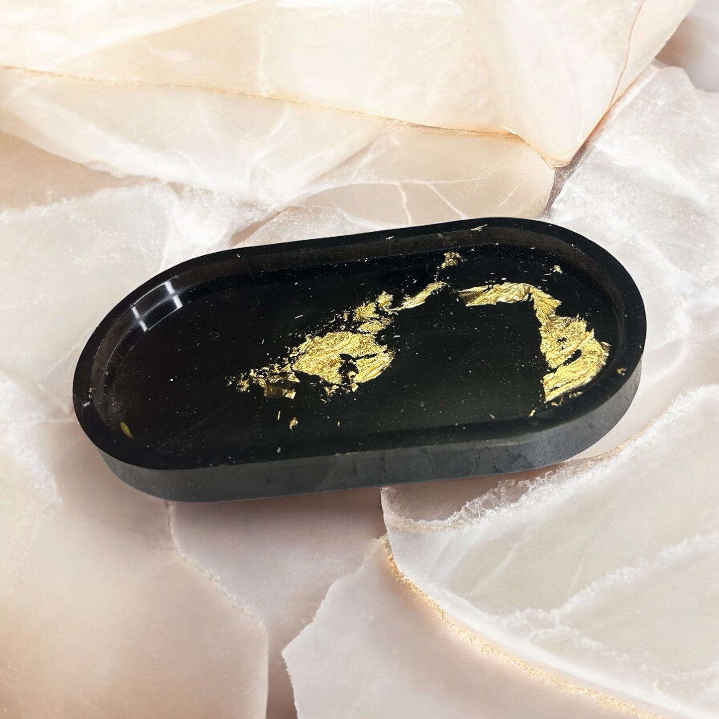 Plateau ovale, feuilles d'Or 18 Carats en résine époxy